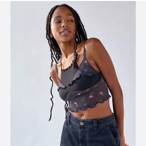 Urban Outfitters Layered Cropped Cami Mesh Floral Print Ribbed Panel Size Medium - Picture 13 of 16